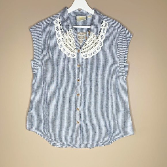 Anthropologie Maeve Linen w/ Lace Button Down Sleeveless Blouse - S - Picture 2 of 10